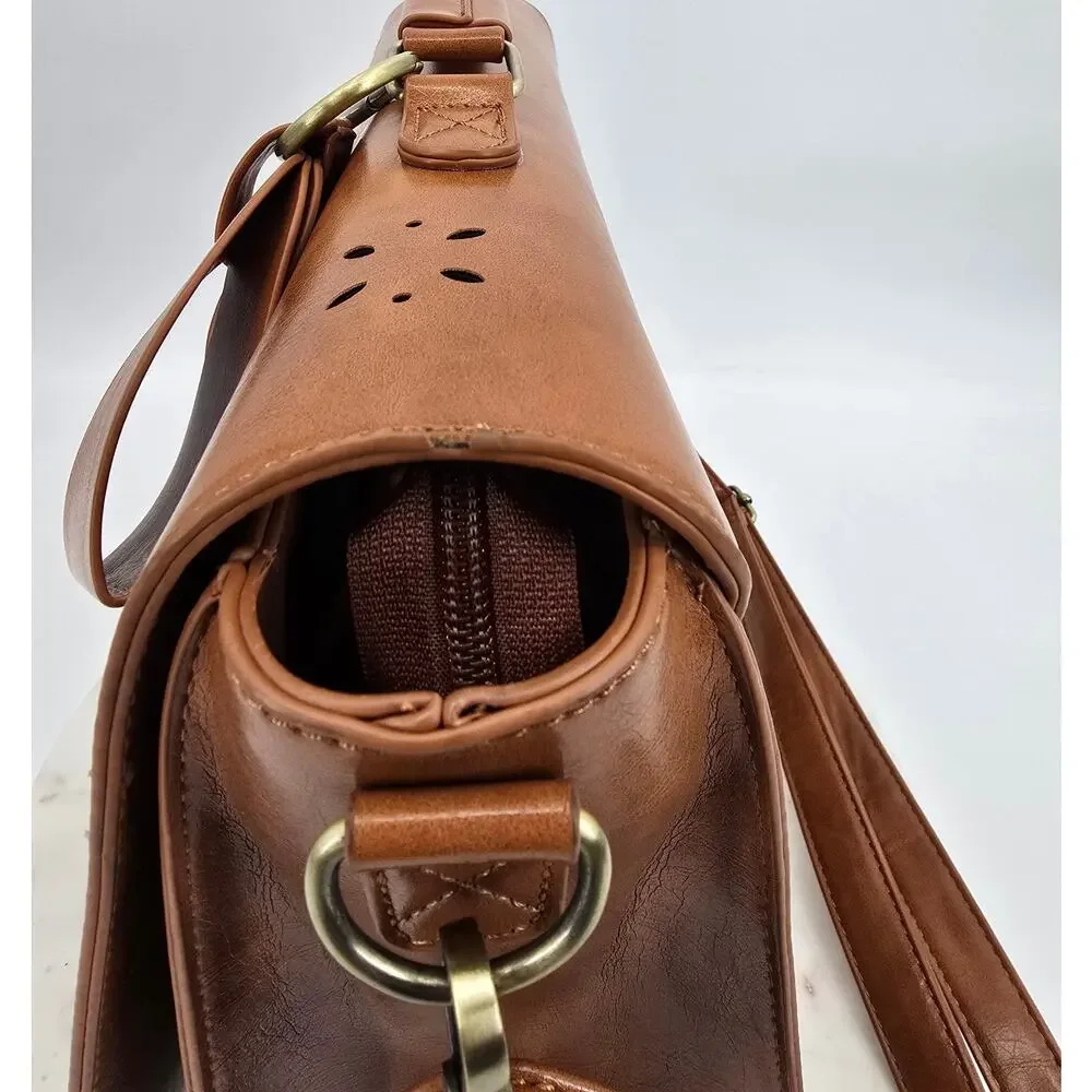 Ecosusi Laser-Cut Bow Satchel Crossbody‎ Bag – Cognac Brown Faux Leather